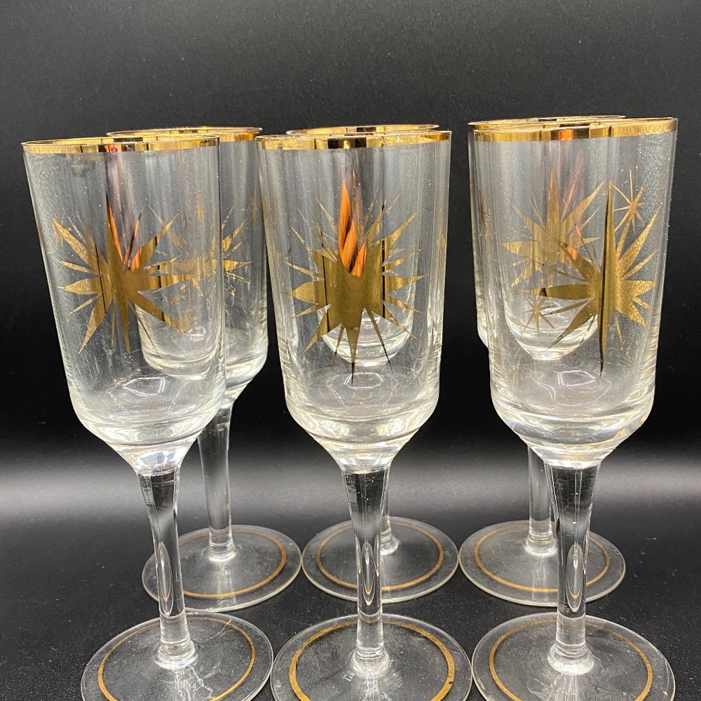 ChampagneFlutes x6 clear glass, gold atomic stars, rims and foot.  VTG MCM '60's